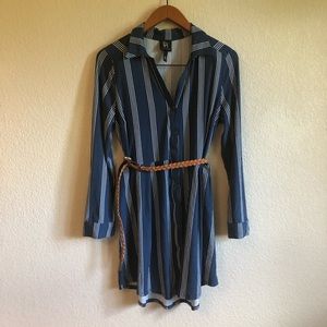 Blue and White Stripped Belted Dress